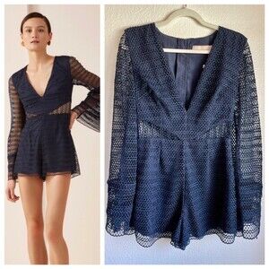 NWT Keepsake The Label All Night Lace Bell Sleeve Playsuit Romper in Navy Size M
